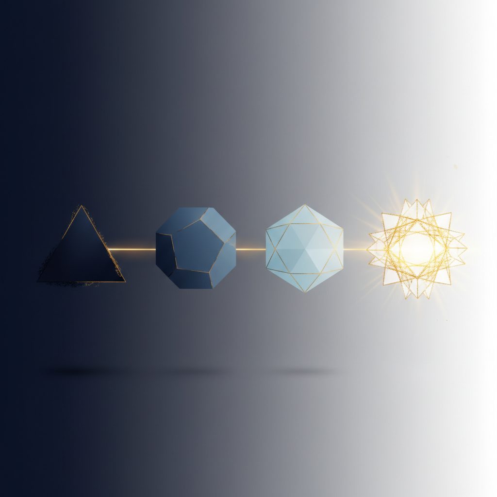 Abstract geometric progression from simple to complex forms, representing legislative evolution